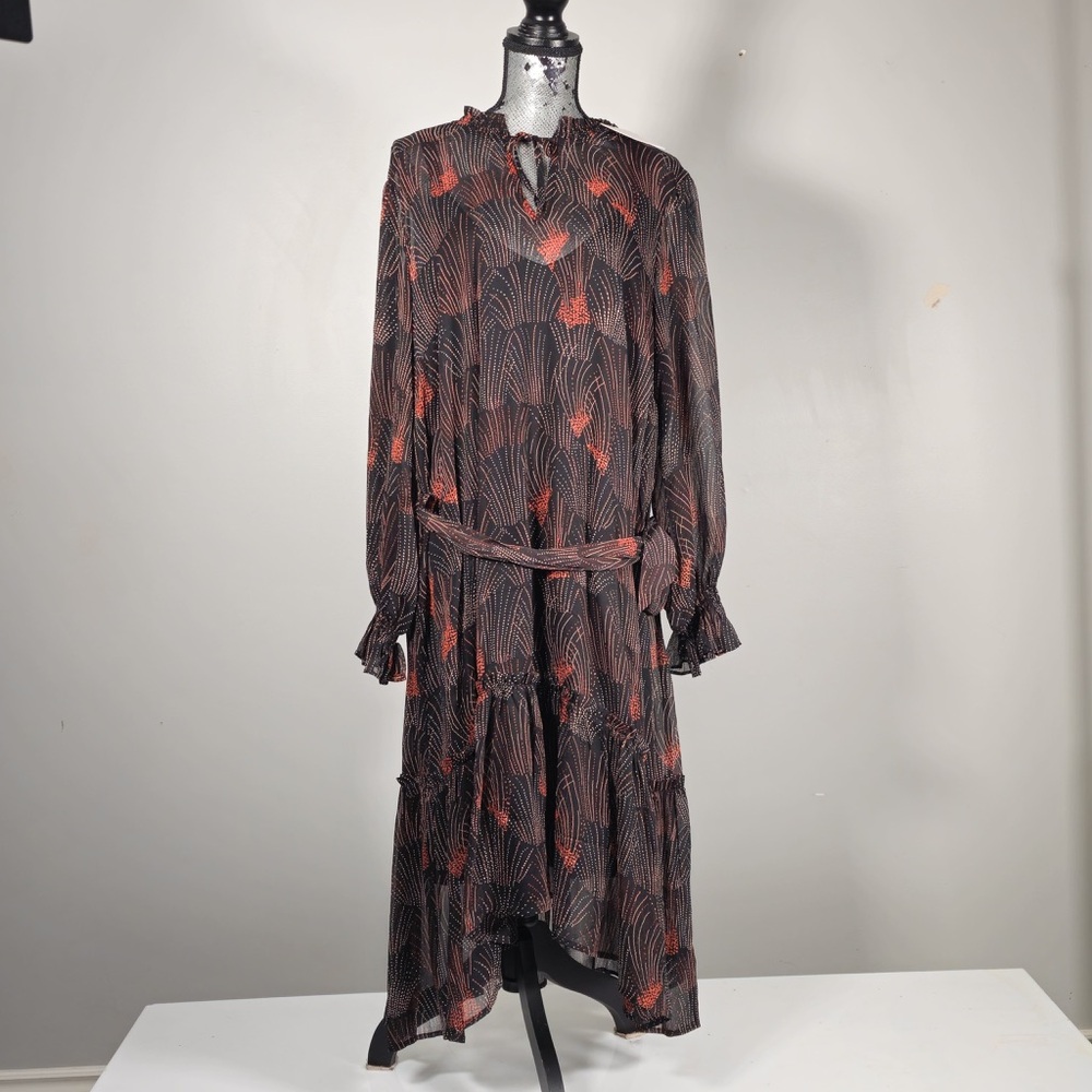 NWT Estelle Australia Sheer Black and Red Floral Tiered Maxi Dress